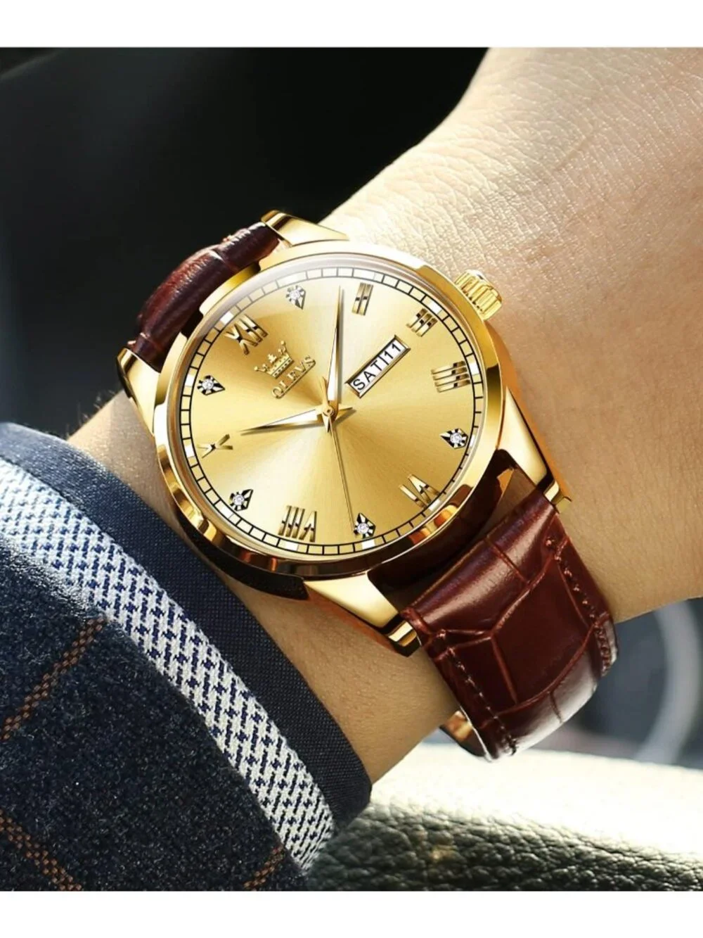 Men's Brown Gold Shell Gold Face Leather Band Quartz Waterproof Wrist Watch